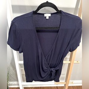 Charming Charlie Ribbed Navy Wrap Top
